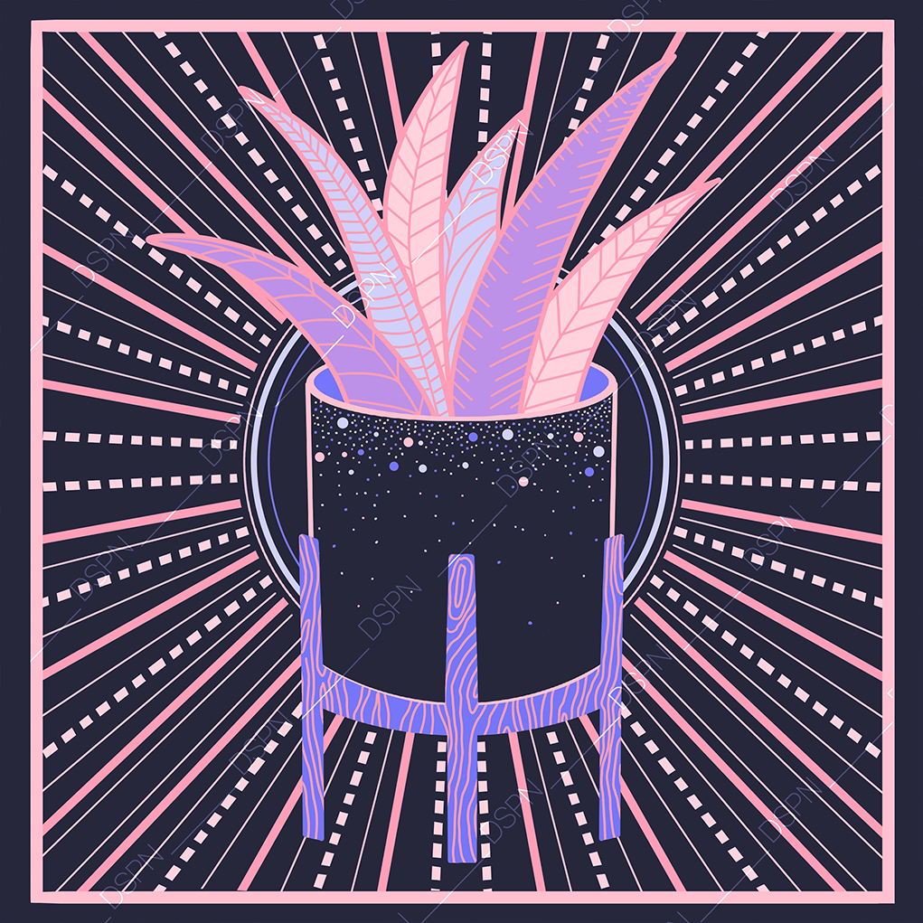 A stylized digital illustration of a potted plant with large pink and purple leaves against a dark background with pink radiating lines and dashed accents.