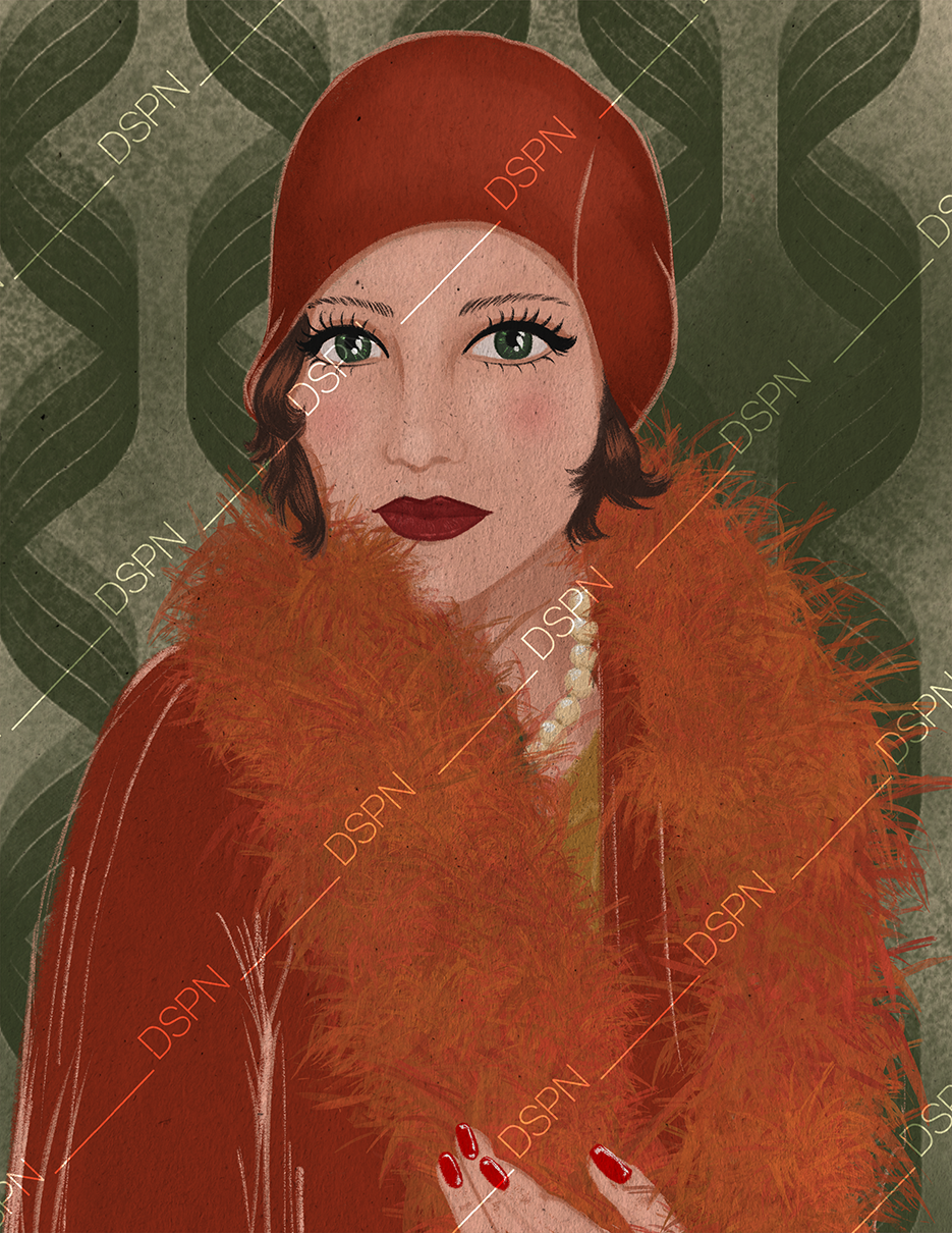 Illustration of a woman with green eyes, red lipstick, wearing a red hat, a pearl necklace, and an orange fur coat against a dark green leafy background.