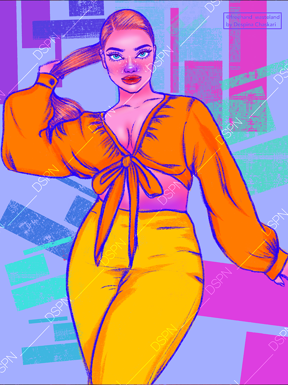Digital illustration of a confident woman with bright makeup, wearing a vibrant orange tie-front blouse and yellow pants, against a colorful urban background with geometric shapes.