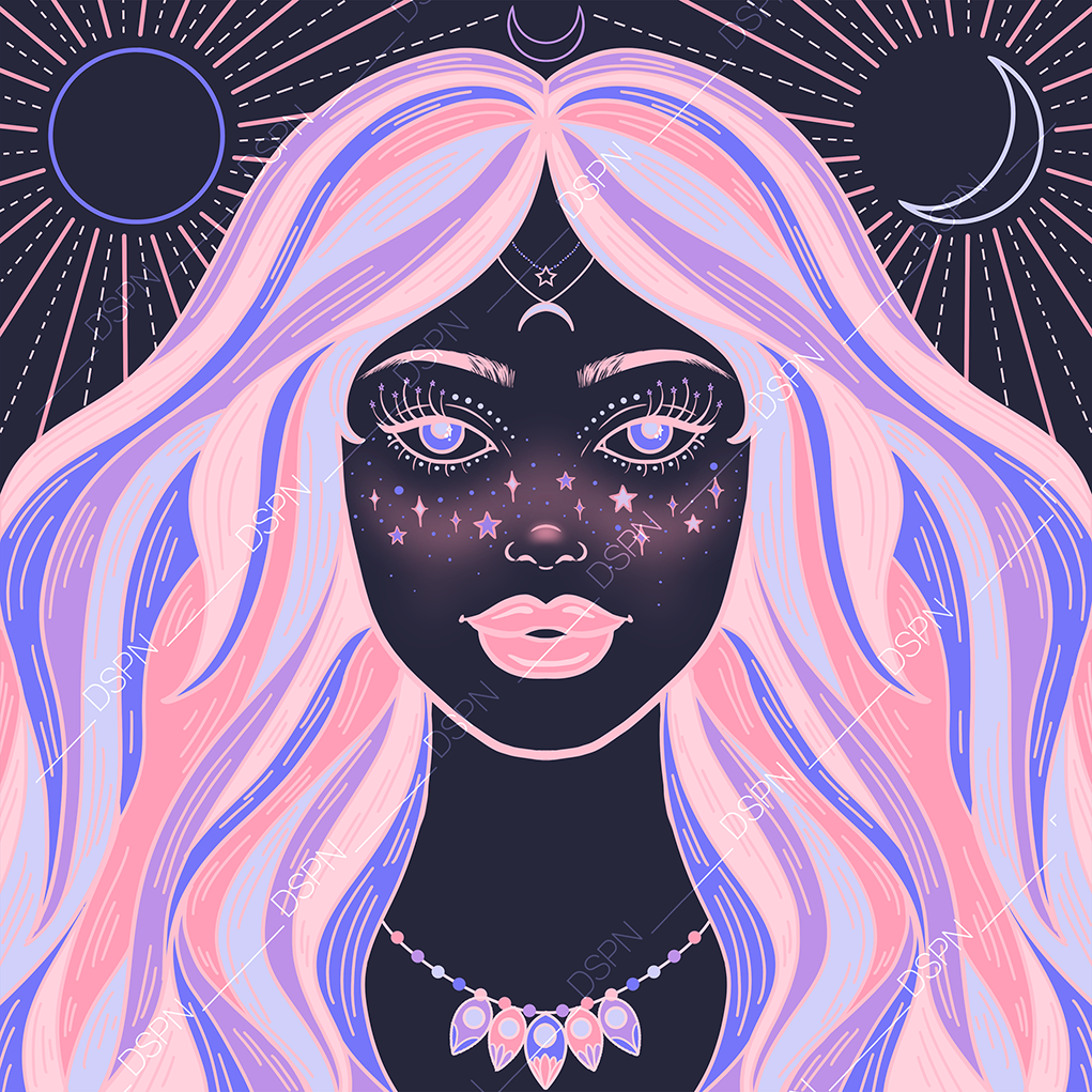 A digital illustration of a woman with long pastel-colored hair, dark skin with stars and celestial symbols on her face, and cosmic-themed makeup. She has luminous eyes, pink lips, and wears a celestial necklace. The background features a dark sky wi