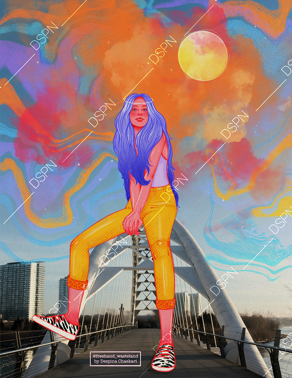 A digital collage combining a photograph of a bridge with a drawing of a woman with long blue hair, yellow pants, and zebra-striped shoes, set against a colorful, cosmic sky with stars and a moon.