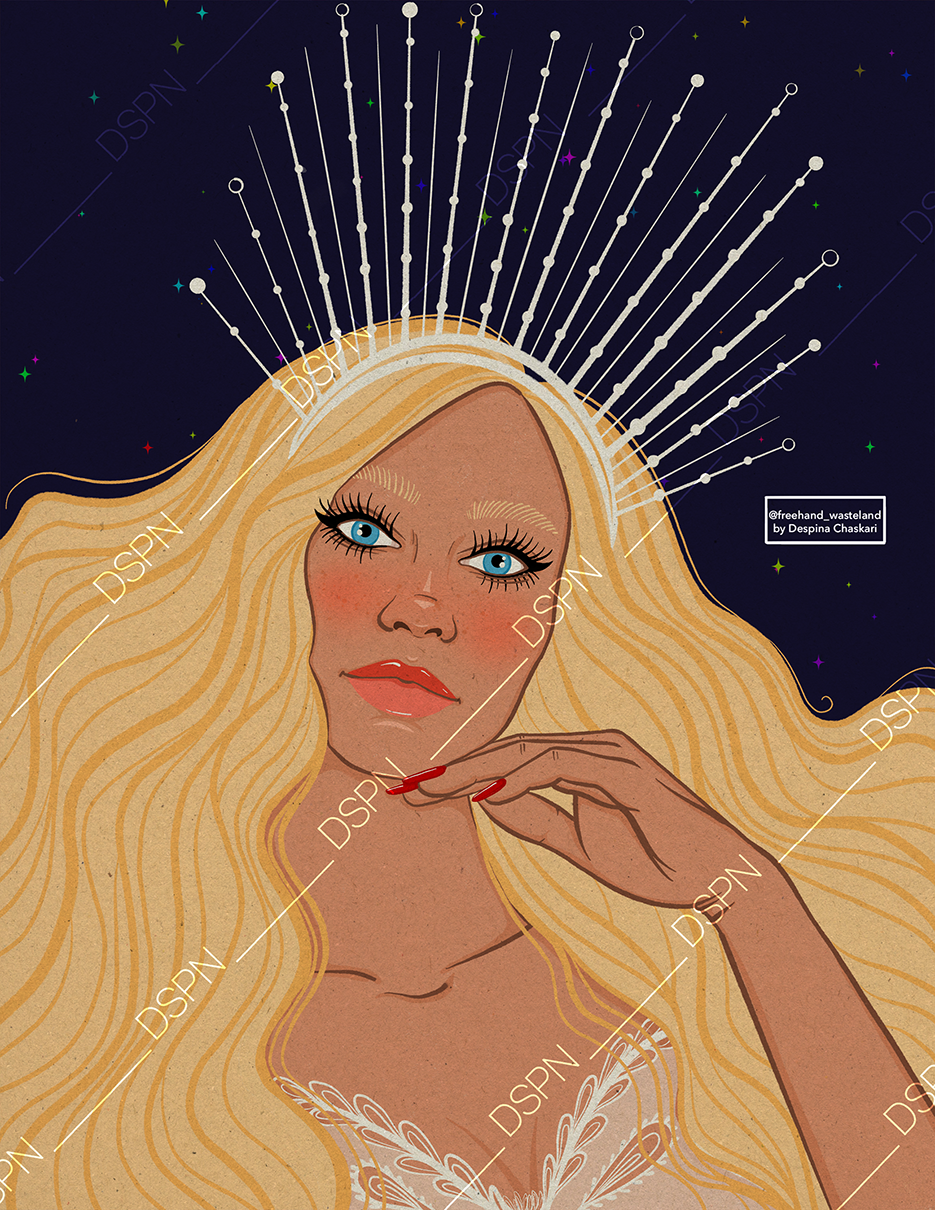 An illustration of a woman with long blonde hair and blue eyes, wearing a crown of lines and dots resembling stars or celestial objects against a starry dark background.