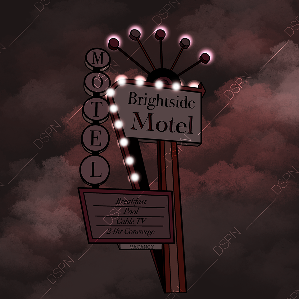Nighttime neon sign for Brightside Motel with a vertical 'MOTEL' sign and a horizontal sign listing amenities like breakfast, pool, cable TV, and 24-hour concierge, set against a cloudy sky.