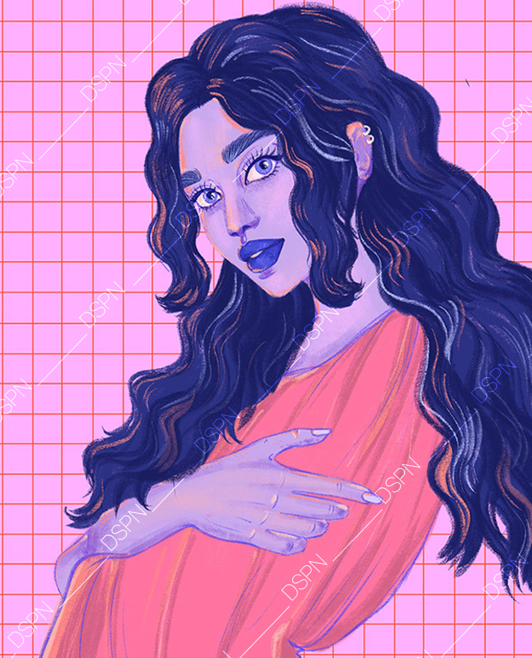 Digital illustration of a woman with long, wavy dark hair, blue eyes, and purple skin, wearing a pink top, with a pink background featuring a red grid pattern.