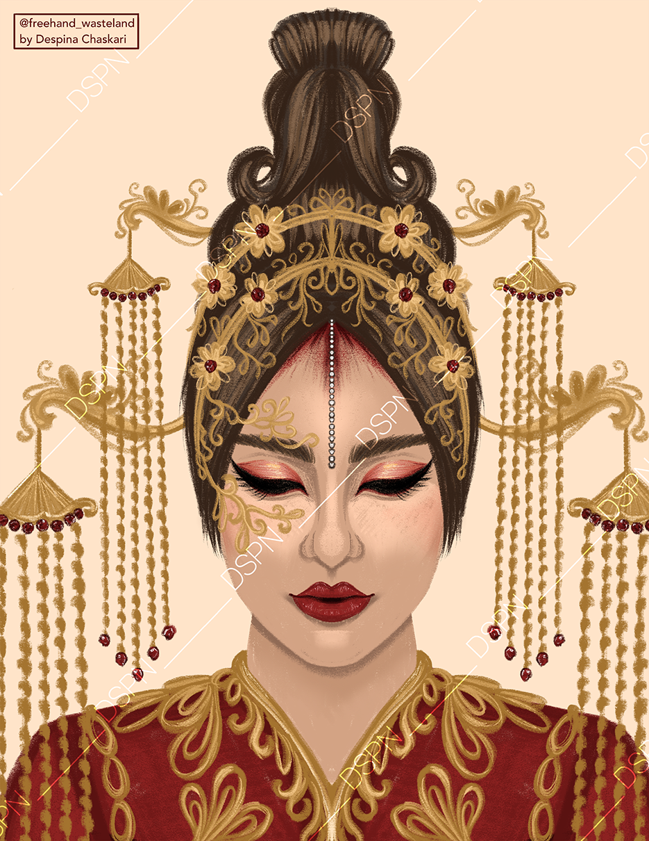 Illustration of a woman with traditional Asian-inspired attire and makeup, wearing elaborate gold jewelry and headgear with bead and flower embellishments, her eyes closed and face serene.