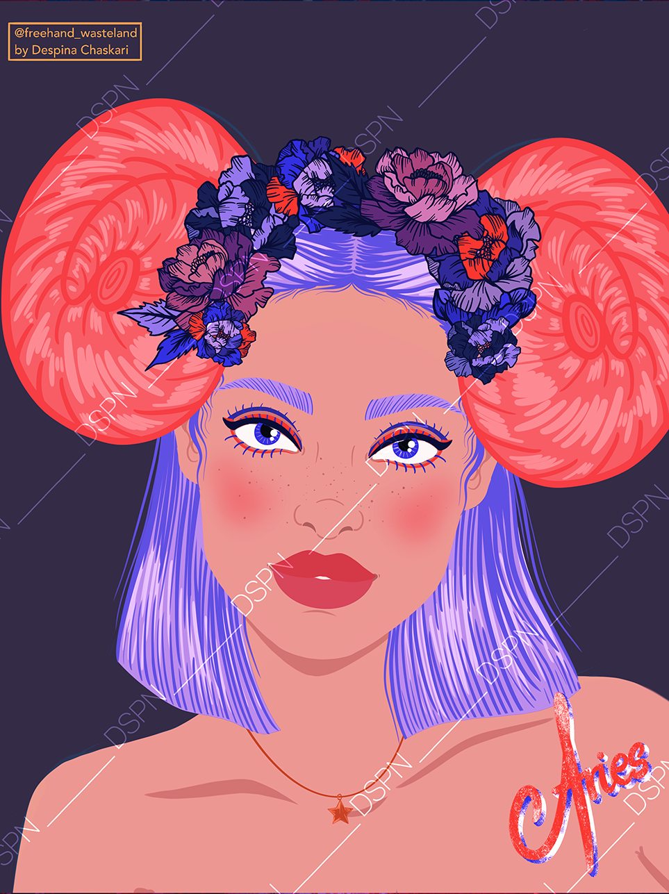 Digital illustration of a woman with purple hair, blue eyes, and red lipstick, wearing a flower crown with purple and red flowers and large red spiral horns. She has freckles on her face, a star-shaped necklace, and the word 'Aries' written in red gl
