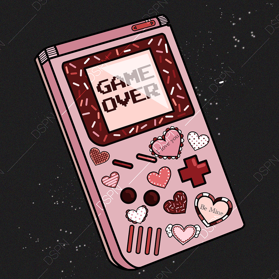 Digital illustration of a pink handheld gaming device with stickers, a red cross, and hearts, displaying a game over message on the screen.