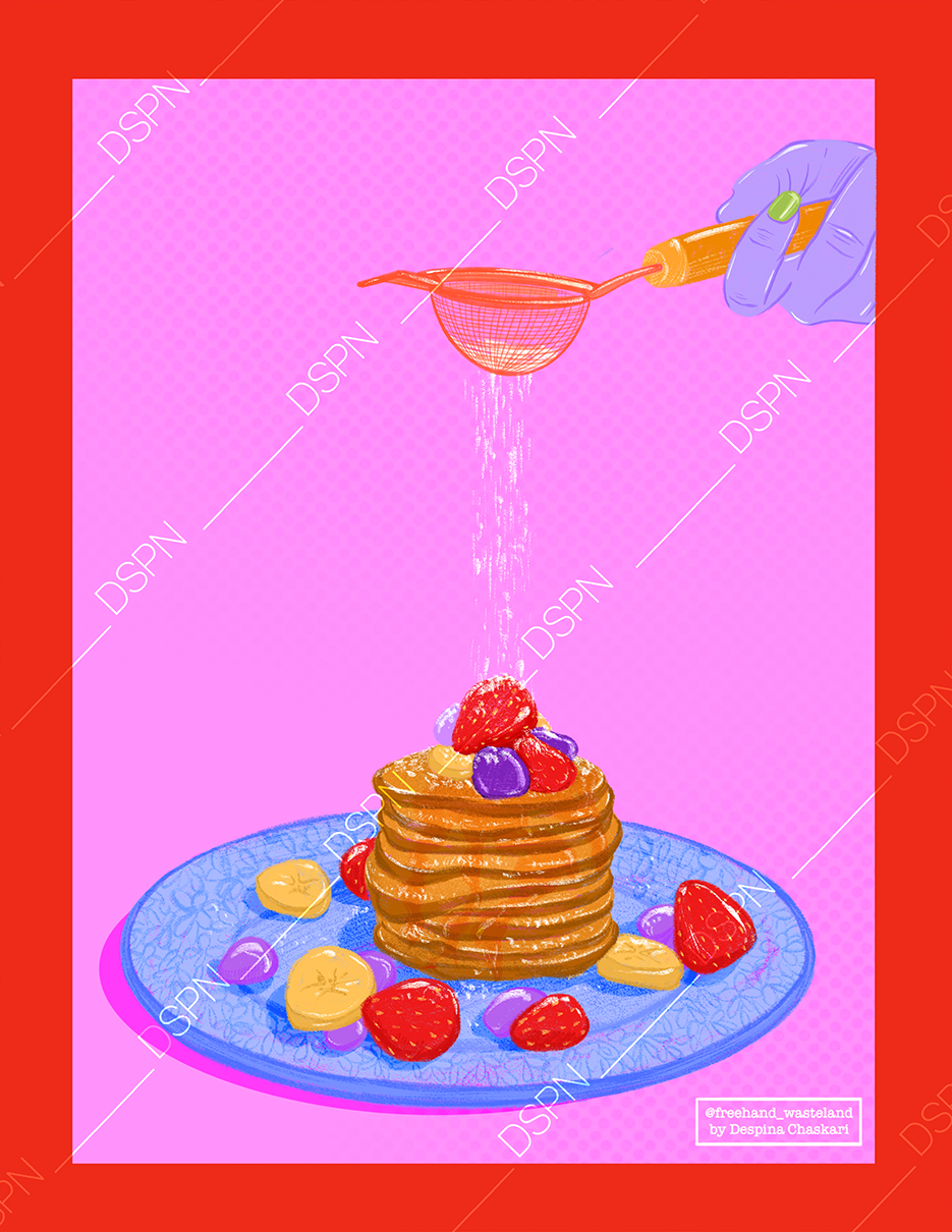 Illustration of a stack of pancakes topped with strawberries, blueberries, and sliced bananas on a blue plate, with syrup being poured from a hand-held sifter into the pancakes, against a pink and red background.