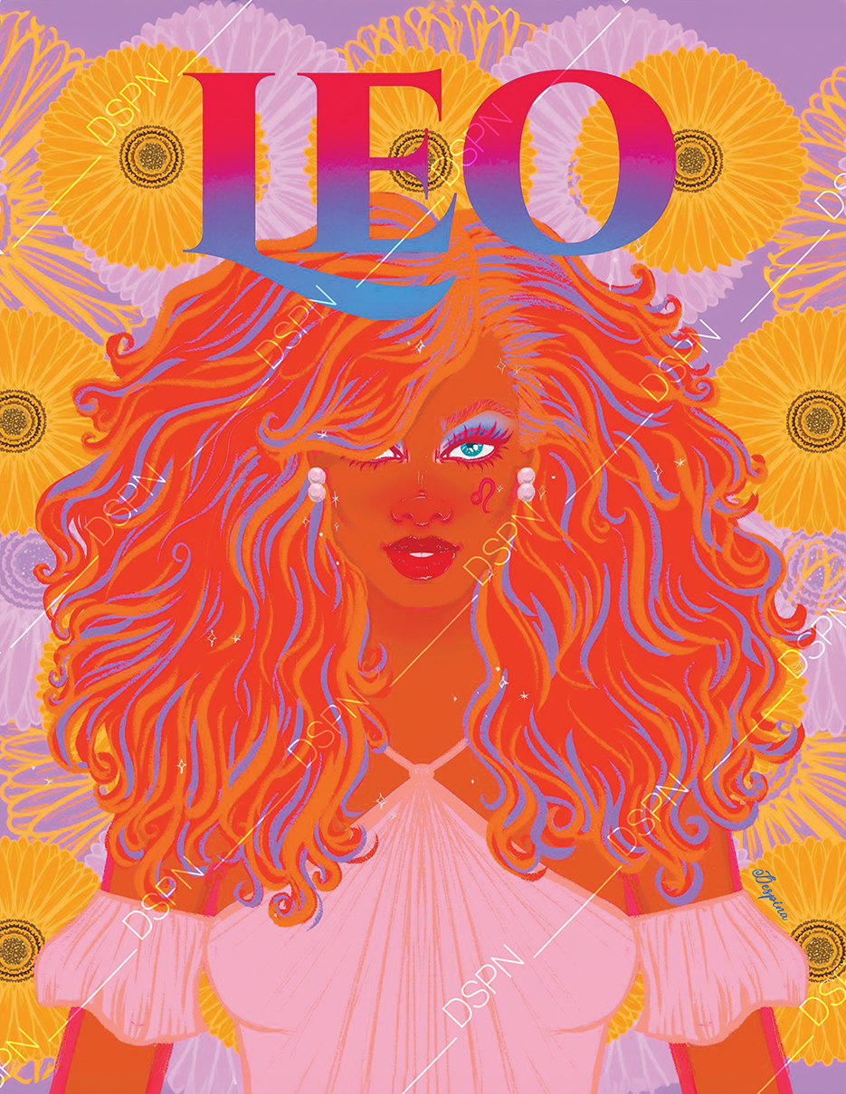 Colorful digital illustration of a woman with long, curly orange hair, one eye winking, red lipstick, dressed in a white off-the-shoulder top, surrounded by yellow flowers on a lavender background. The word 'LÉO' is displayed above her head.