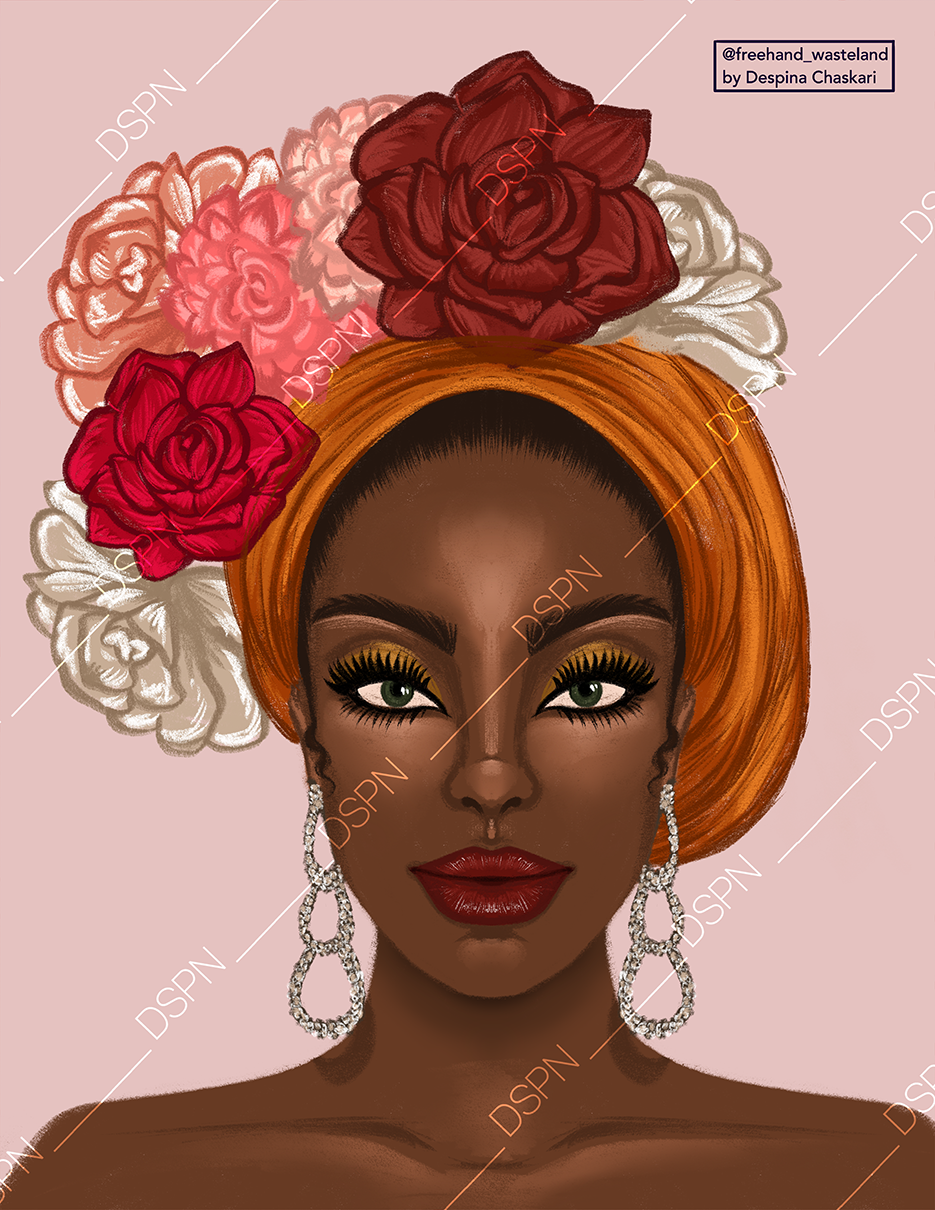 Digital illustration of a woman wearing large sparkling earrings and an orange headscarf, adorned with a crown of red, pink, white, and maroon roses against a pale pink background.
