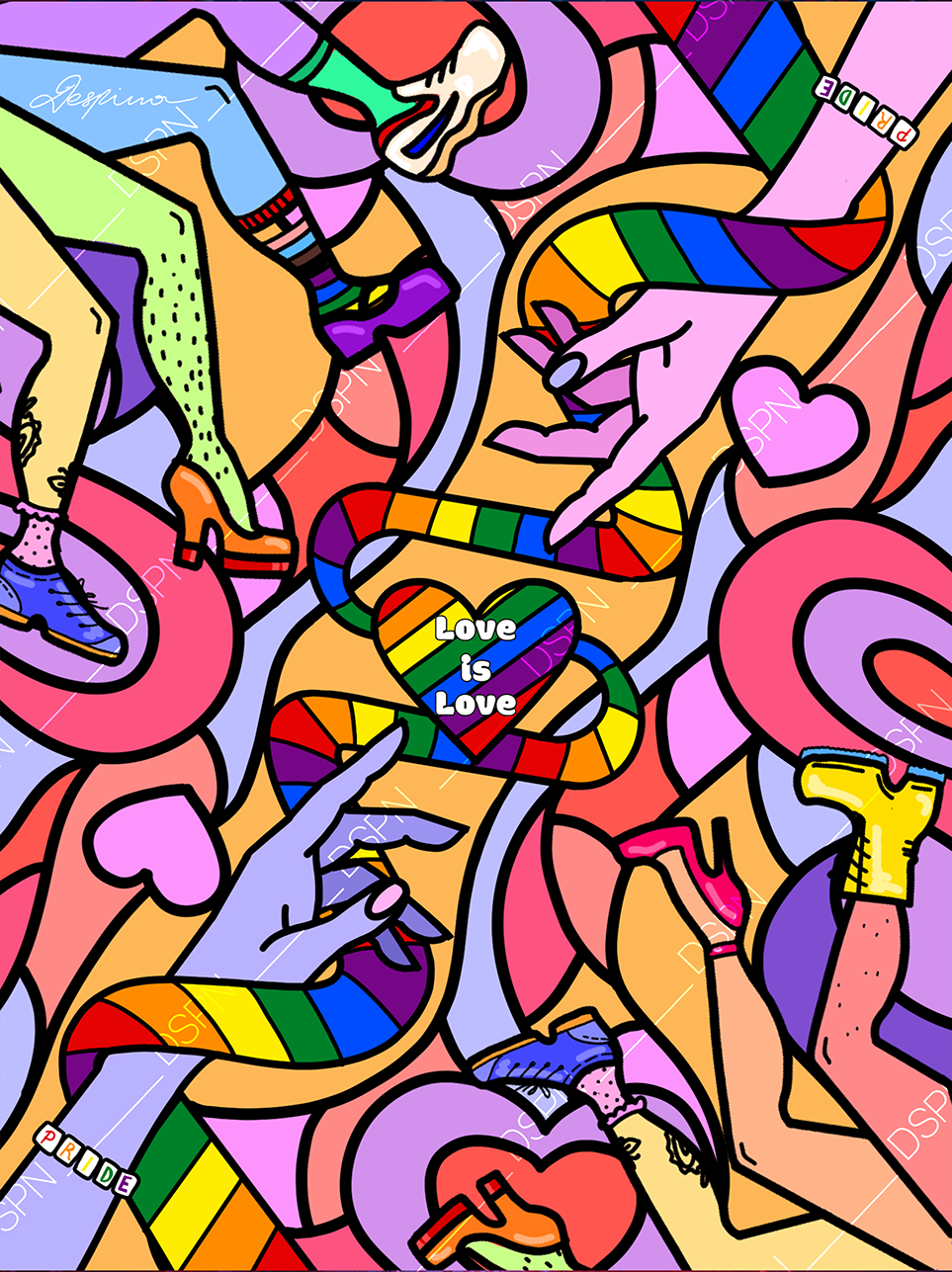 Colorful digital illustration featuring various hands and legs with rainbow-colored accessories and clothing. The words 'Love is Love' are displayed on a rainbow heart in the center, surrounded by hearts, shoes, and rainbow patterns symbolizing LGBTQ