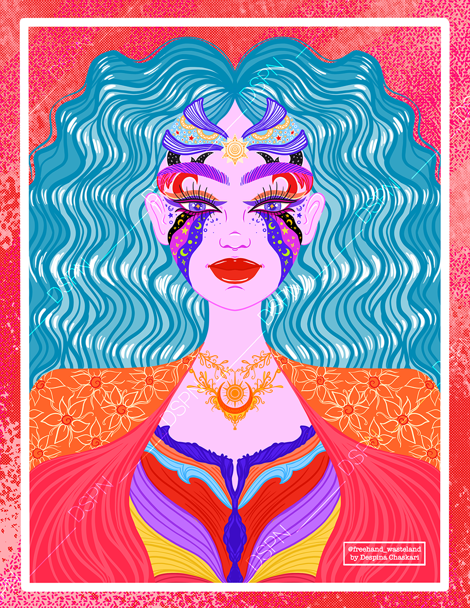 Digital illustration of a woman with long, wavy blue hair, colorful makeup, and vibrant clothing, featuring celestial and floral motifs.