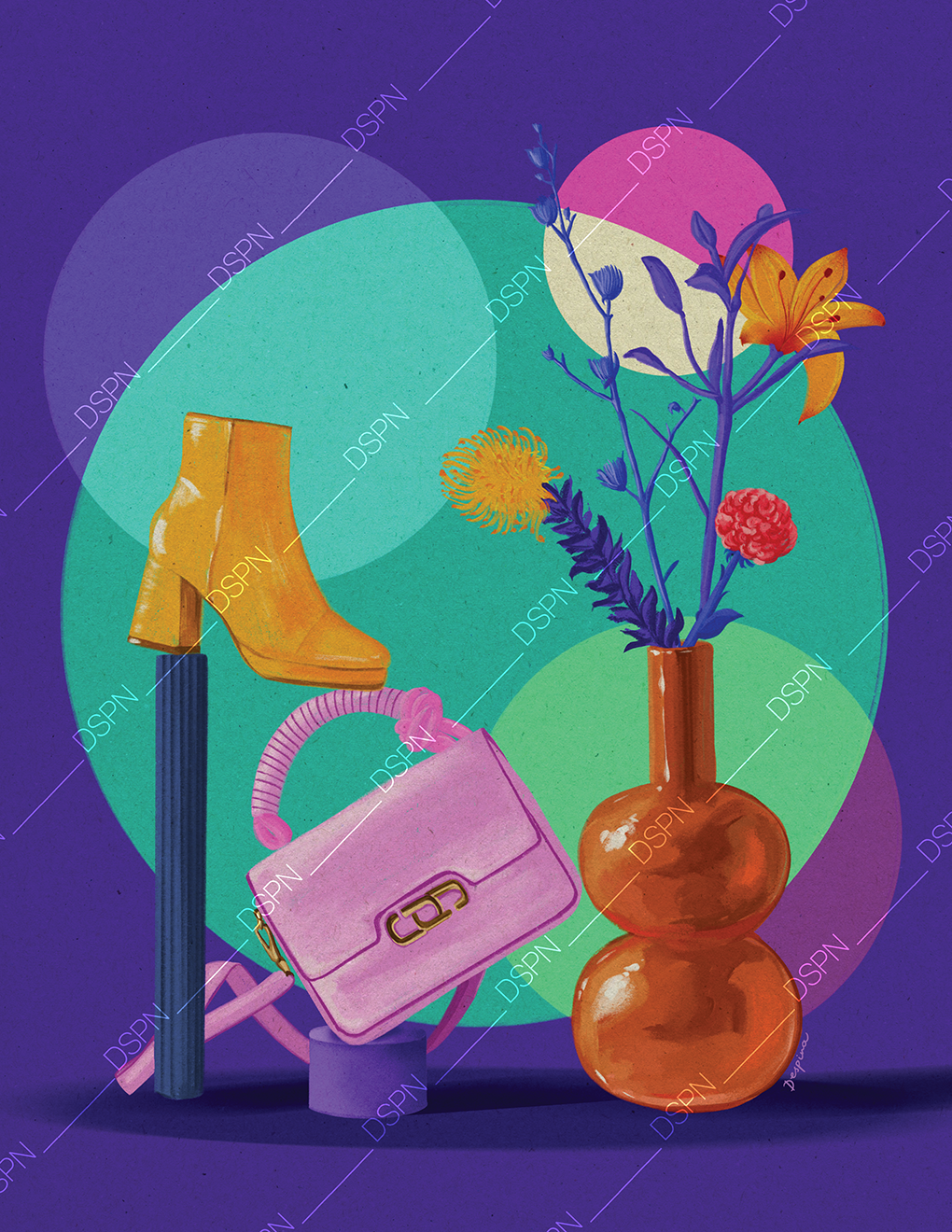 An illustration of colorful objects including a yellow high-heeled shoe on a black stand, a pink purse, and a brown vase with various flowers, set against a background of overlapping bright circles and a dark purple backdrop.