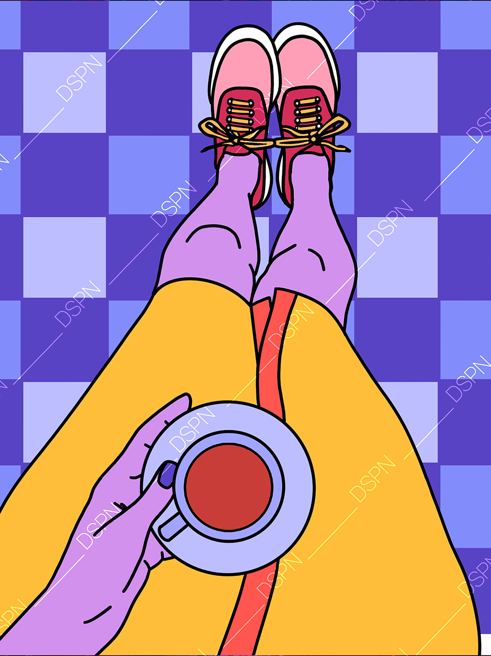 A colorful digital illustration of a person wearing purple pants, yellow jacket, and pink shoes, sitting on a blue checkered floor, holding a cup of coffee, viewed from their perspective.