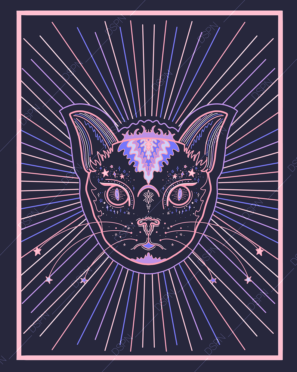 A neon-style illustration of a cat's face with galaxy and star patterns, surrounded by radiating lines and a pink border, set against a dark background.