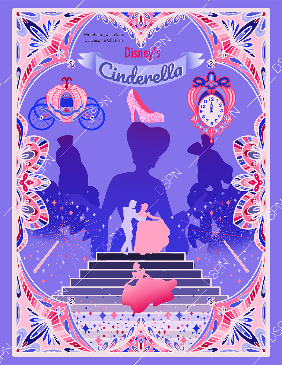 Colorful Disney Cinderella-themed illustration featuring a glass slipper, a pumpkin carriage, a clock, dancers, and silhouettes of Cinderella and Prince Charming, with intricate floral and star patterns in pink, purple, and blue.