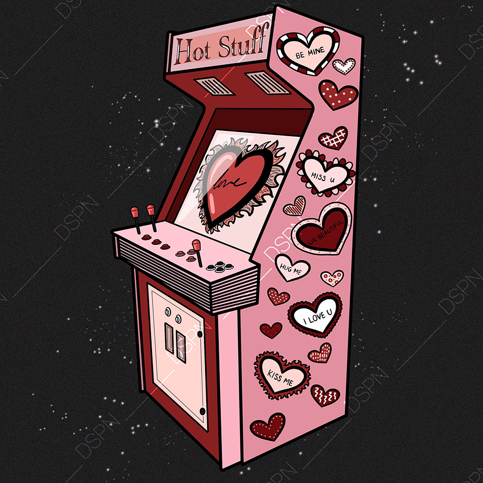 Illustration of a pink and red arcade game machine decorated with hearts and love messages, titled 'Hot Stuff'.