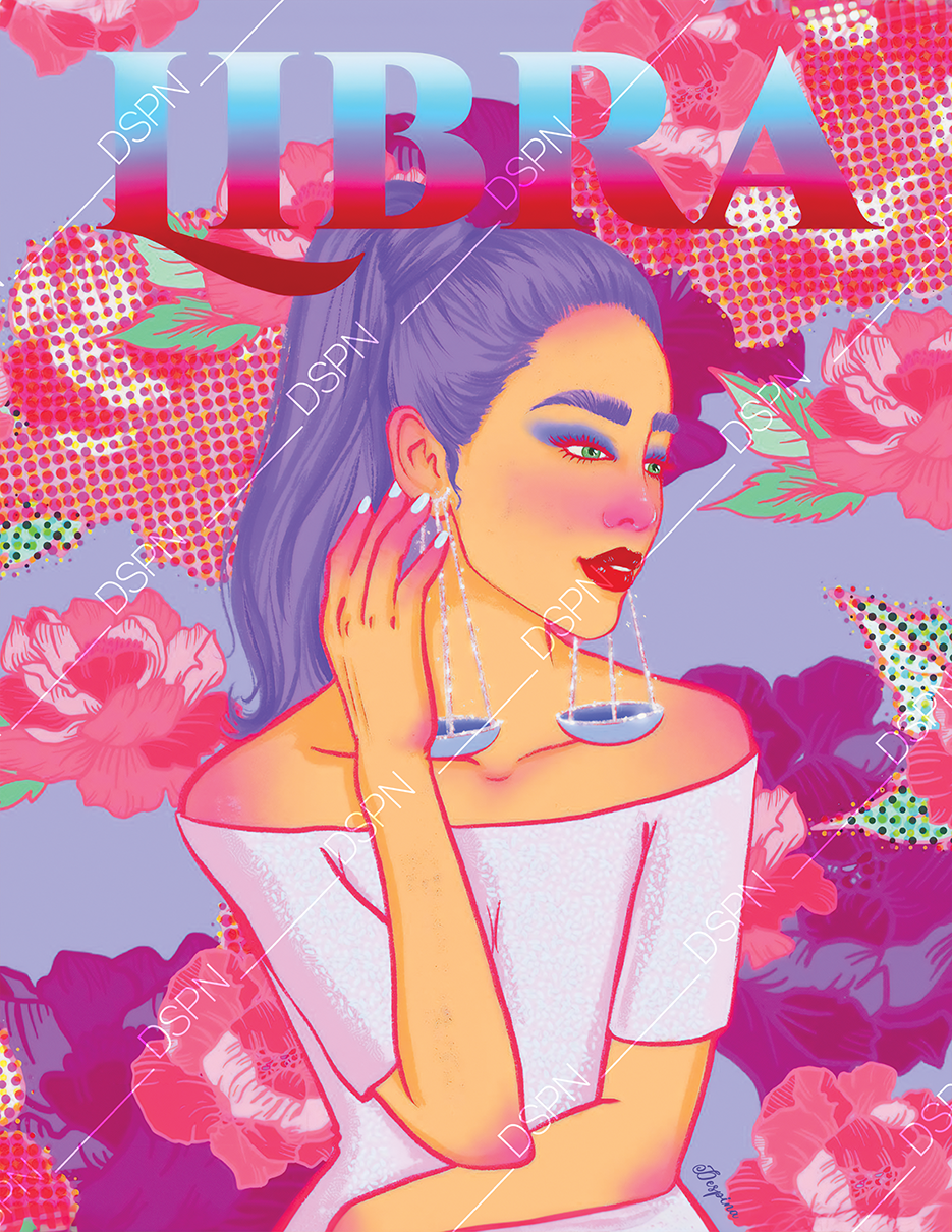 Digital artwork of a woman with purple hair wearing a white off-shoulder top, holding a phone to her ear. The background features pink and purple flowers and the text 'JUBA' in large letters at the top.
