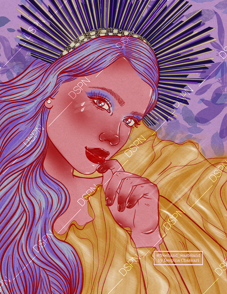 Illustration of a woman with long, flowing purple hair, piercing eyes, and red lips, wearing a gold halo and a yellow-orange garment, against a purple background.