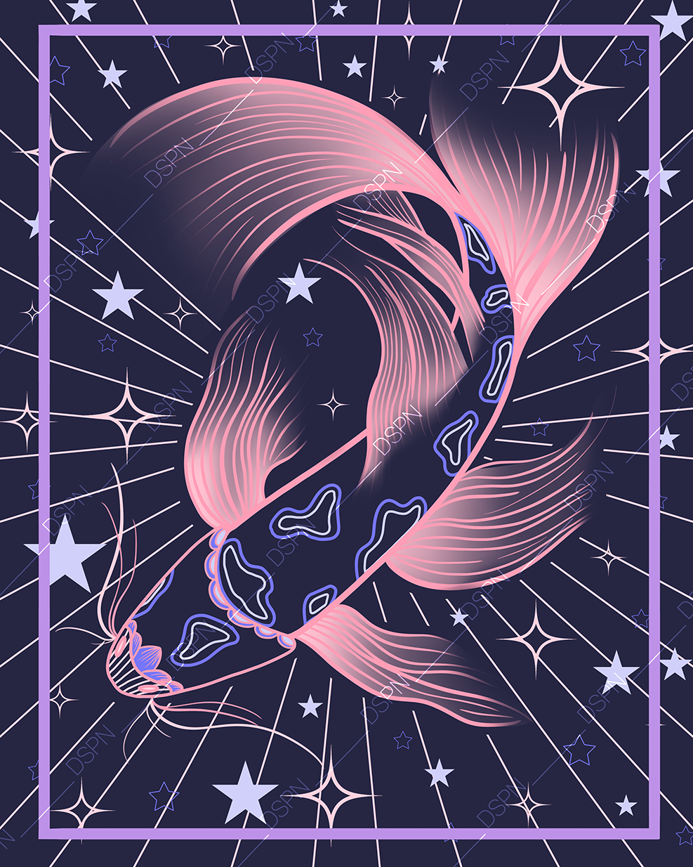 A cosmic digital illustration featuring a stylized, pink, swirling phoenix with dark blue and purple accents, set against a starry space background with radiant lines and stars.