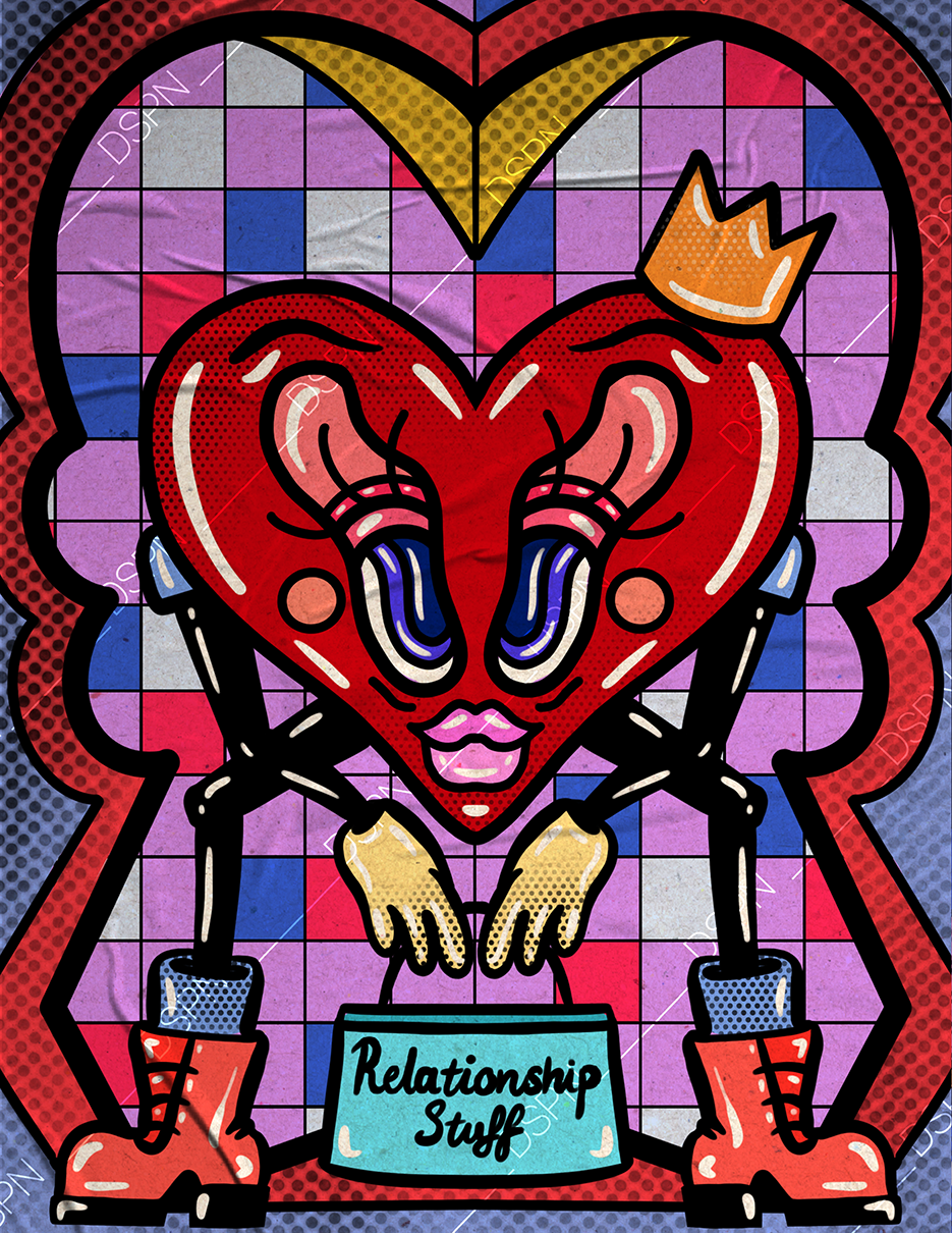 A cartoon-style heart with human features, wearing boots and a crown, holding a sign that says 'Relationship Stuff,' set against a colorful, pixelated background.