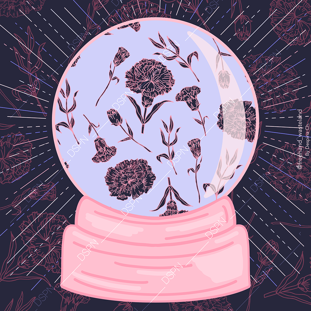 A digital illustration of a snow globe with pink base containing dried flowers, surrounded by a dark background with floral outlines and white rays emanating outward.