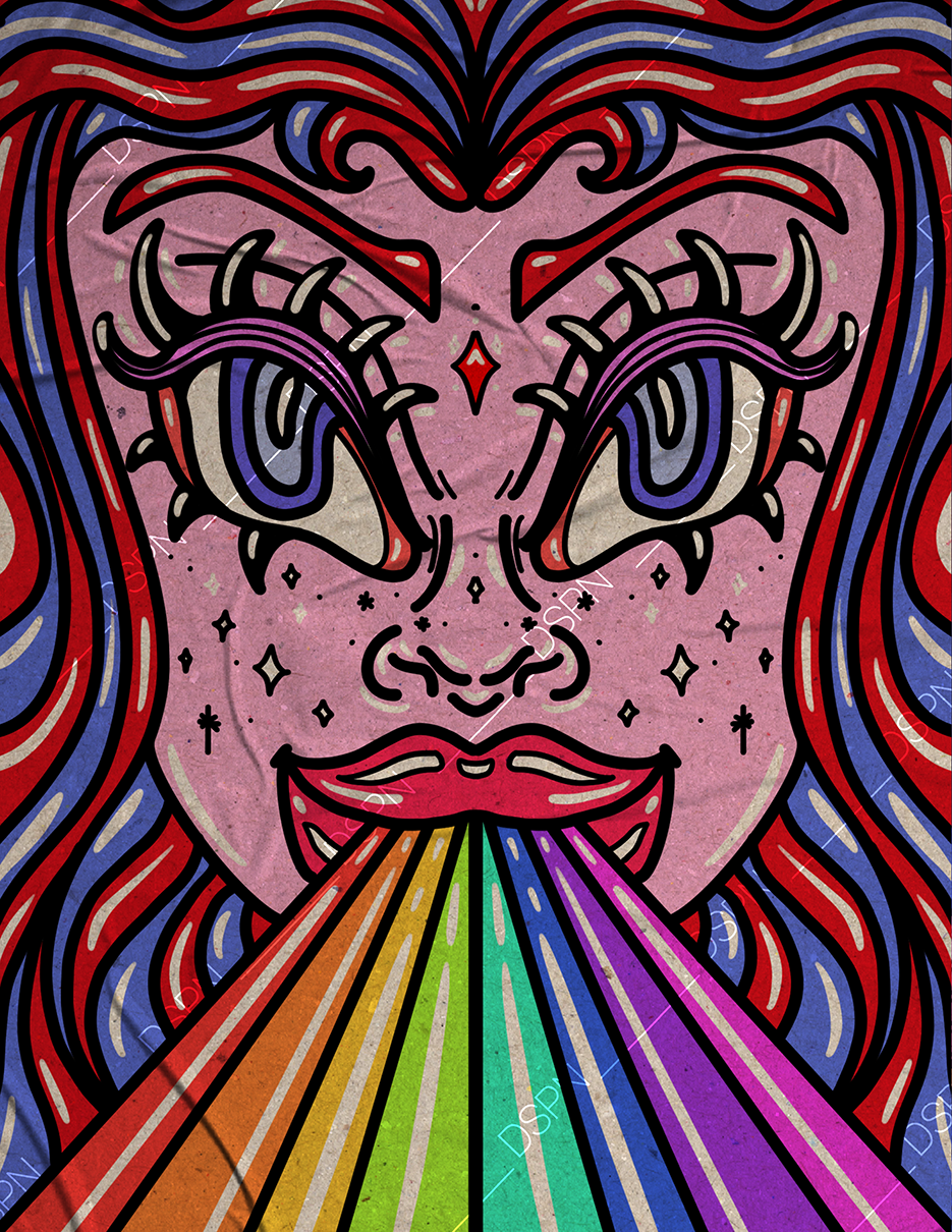 Illustration of a woman's face with rainbow-colored mouth emitting a rainbow beam, surrounded by vibrant, stylized hair and starry background.