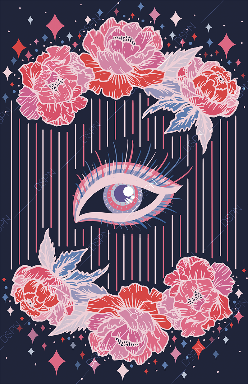 A surreal illustration featuring a large stylized eye with a spiral pupil, surrounded by pink and red peonies, star-shaped sparkles, and colorful vertical lines on a dark background.