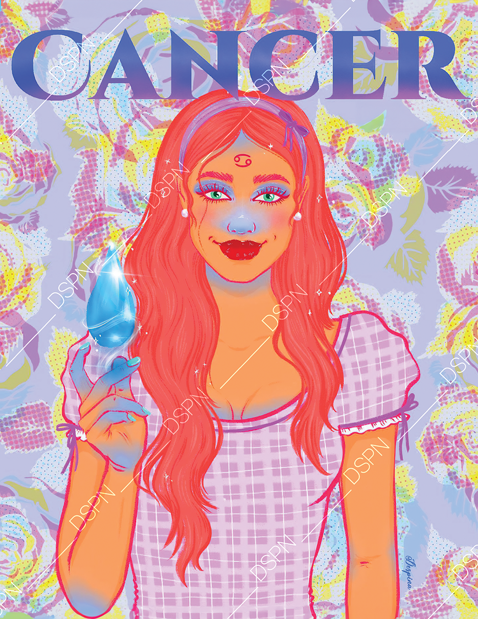 A colorful digital illustration of a red-haired woman with green eyes holding a sparkling blue gemstone. The background features a floral pattern with pastel colors, and the word "CANCER" is displayed at the top.