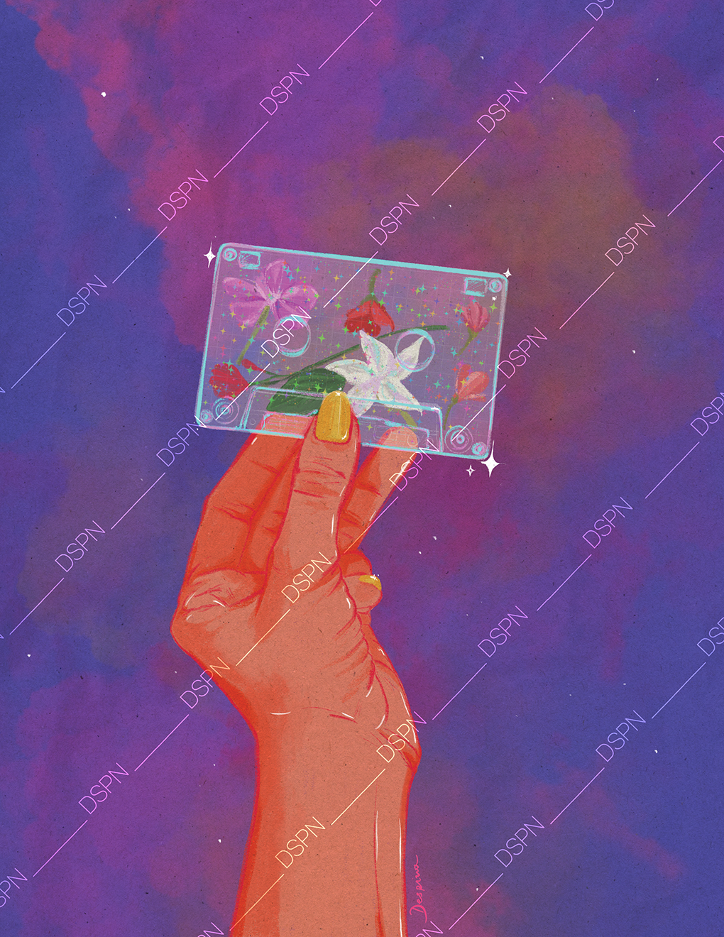 Digital artwork of a hand holding a transparent rectangular object with floral and butterfly illustrations, set against a mystical purple and pink galaxy background.
