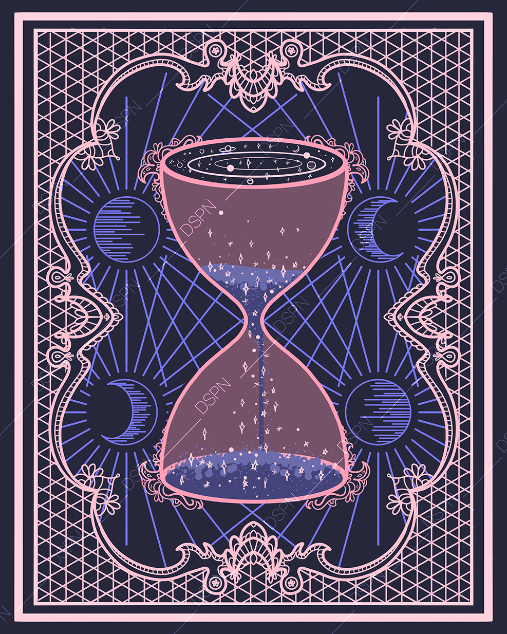A neon-style illustration of an hourglass with a galaxy inside, surrounded by celestial symbols such as the sun, moon, and stars, with an ornate decorative border.