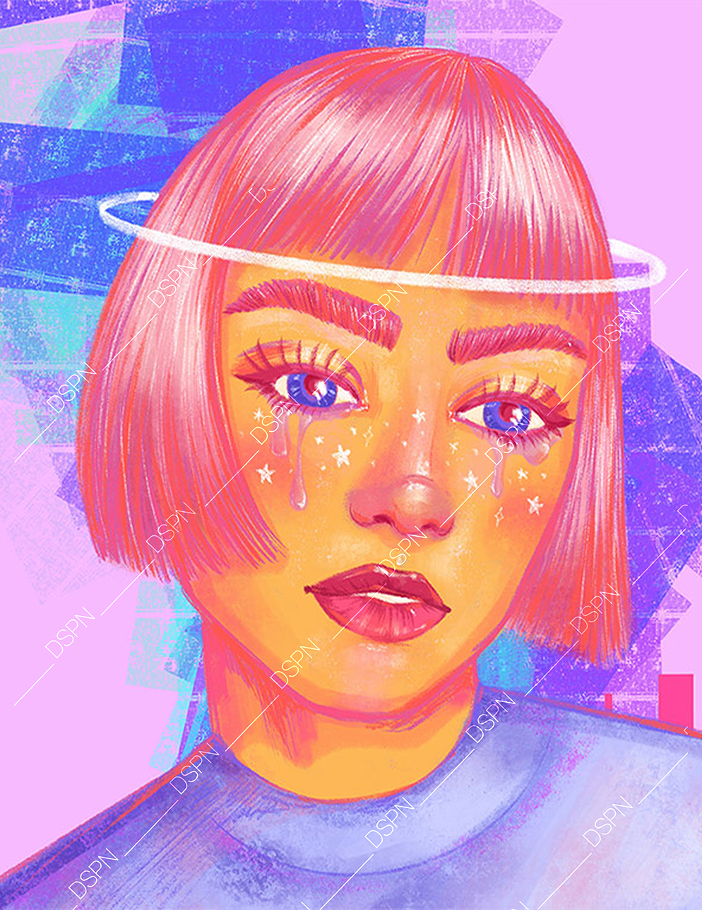 Digital illustration of a young woman with short pink hair and bold makeup, tears with star shapes falling from her eyes, set against a pastel purple background with abstract blue and purple elements.