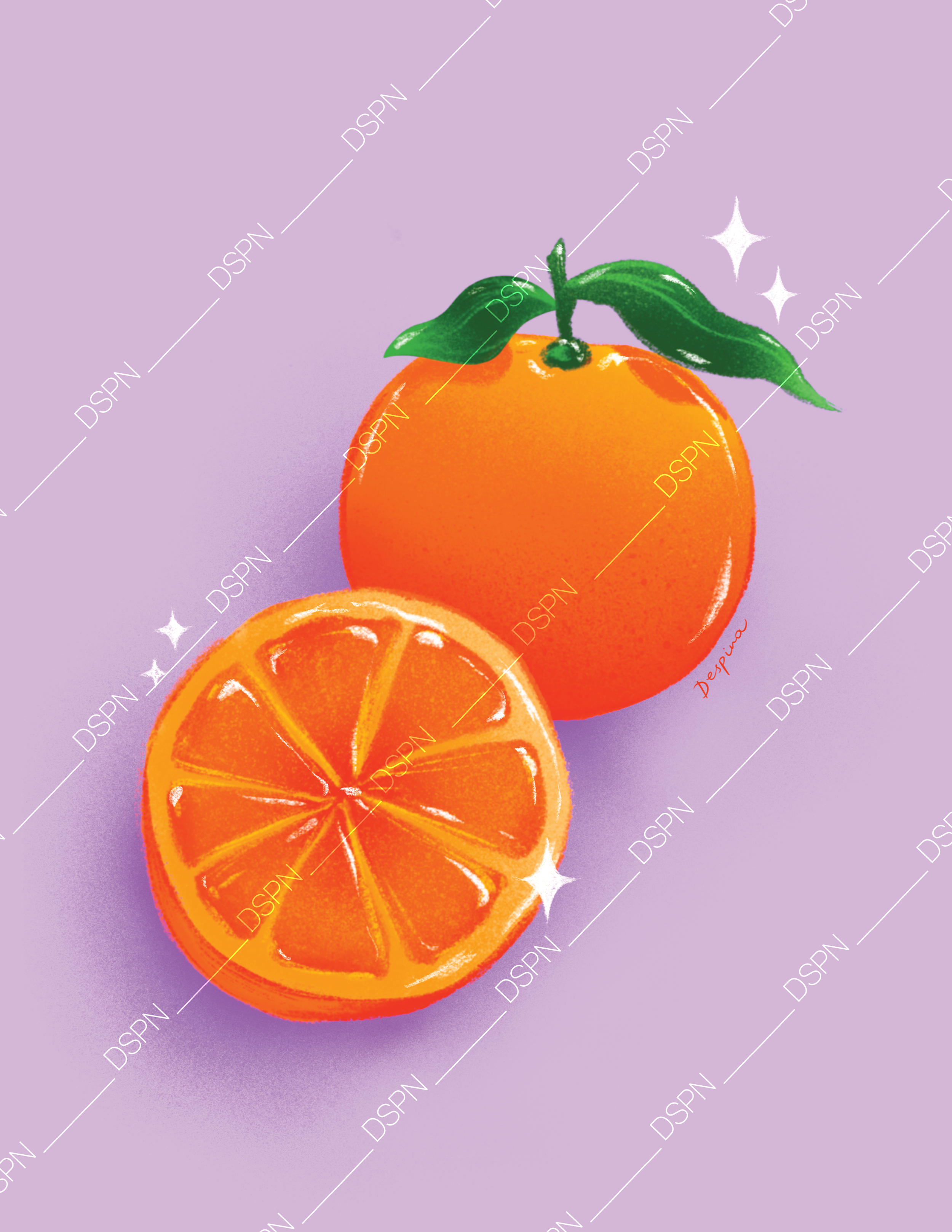 Digital illustration of a whole orange with green leaves and a half orange showing segments on a purple background with sparkles.