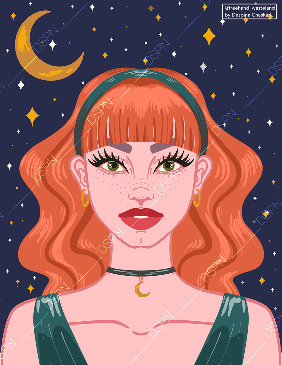 An illustration of a girl with wavy red hair, green eyes, freckles, and makeup, wearing a dark green dress, gold crescent moon jewelry, and a black choker, set against a night sky background with stars and a crescent moon.