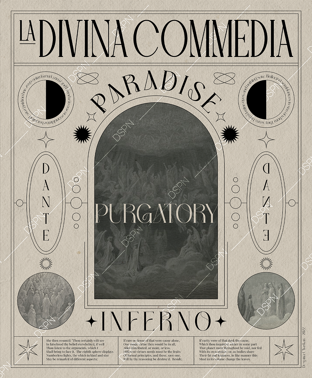 Vintage-style poster with Gothic fonts, titled "La Divina Commedia" and "Parabise Purgatory Inferno," featuring arched and oval shapes, and illustrations of souls and hellish scenes from Dante Alighieri's divine comedy.