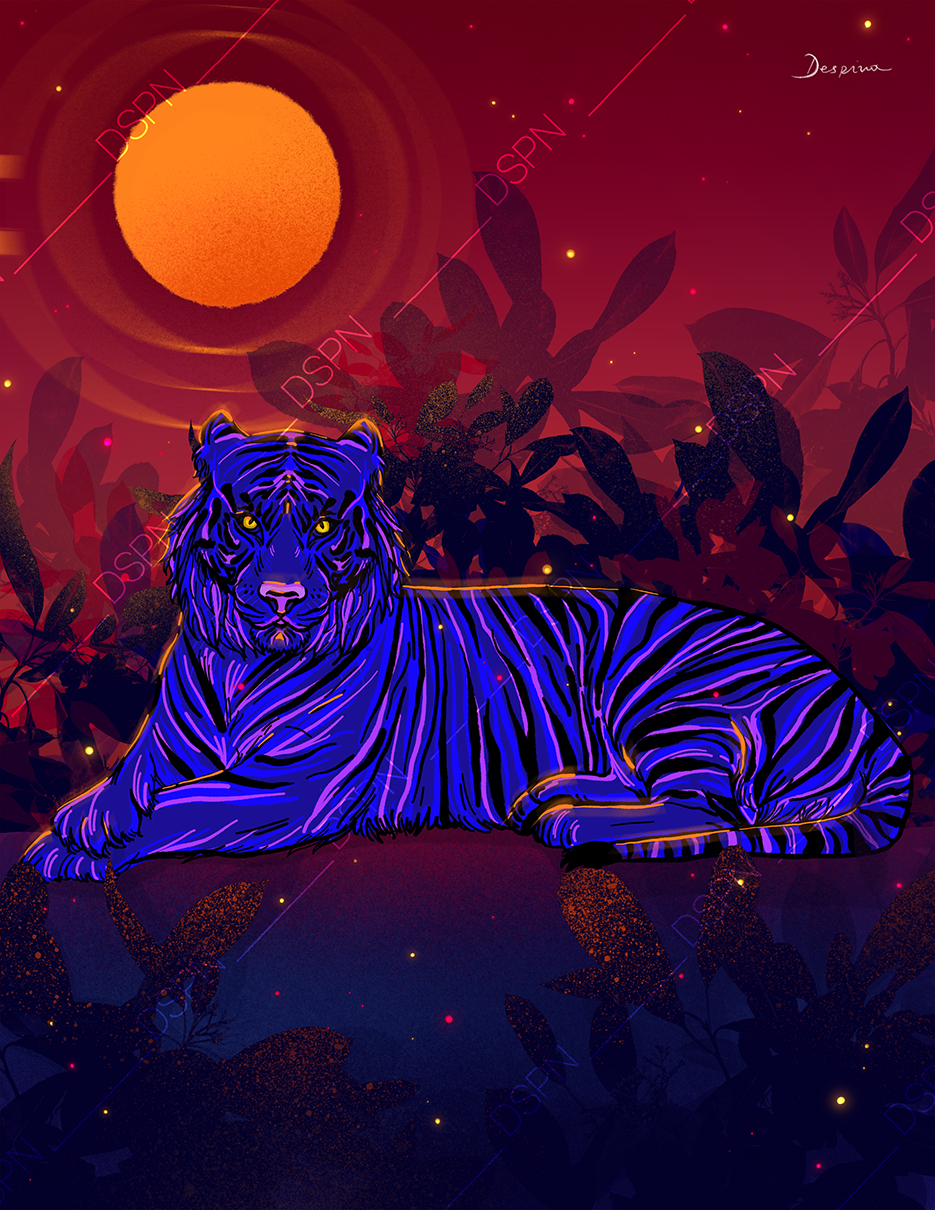 A stylized digital illustration of a blue and purple tiger lying in a jungle with dark leaves, under a large glowing orange sun or moon in a red sky.