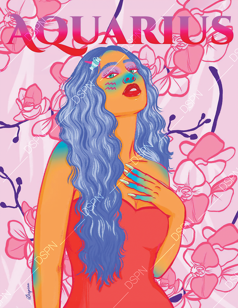 Colorful digital illustration of a woman with long, wavy blue hair and vibrant makeup, posing with her hand on her chest. She wears a strapless red dress against a pink background with floral outlines and the word 'AQUARIUS' in large letters at the t