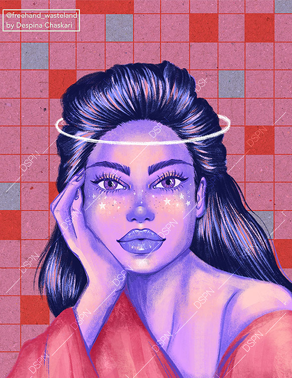 Digital illustration of a woman with dark hair, purple skin, and striking makeup, posing with her hand supporting her face. Honey-colored highlights in her hair, glowing stars on her cheeks, a glowing halo above her head, against a background of pink