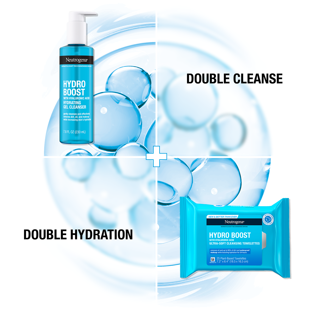 A skincare product display featuring a blue bottle of Neutrogena Hydro Boost Gel Cleanser in the top left quadrant and a package of Neutrogena Hydro Boost cleansing towelettes in the bottom right quadrant with the words "Double Cleanse" and "Double Hydration".