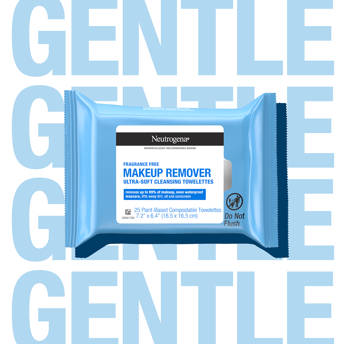 Package of Neutrogena fragrance-free makeup remover cleansing towelettes on a light blue background with the words 'GENTLE' repeated in a larger font.