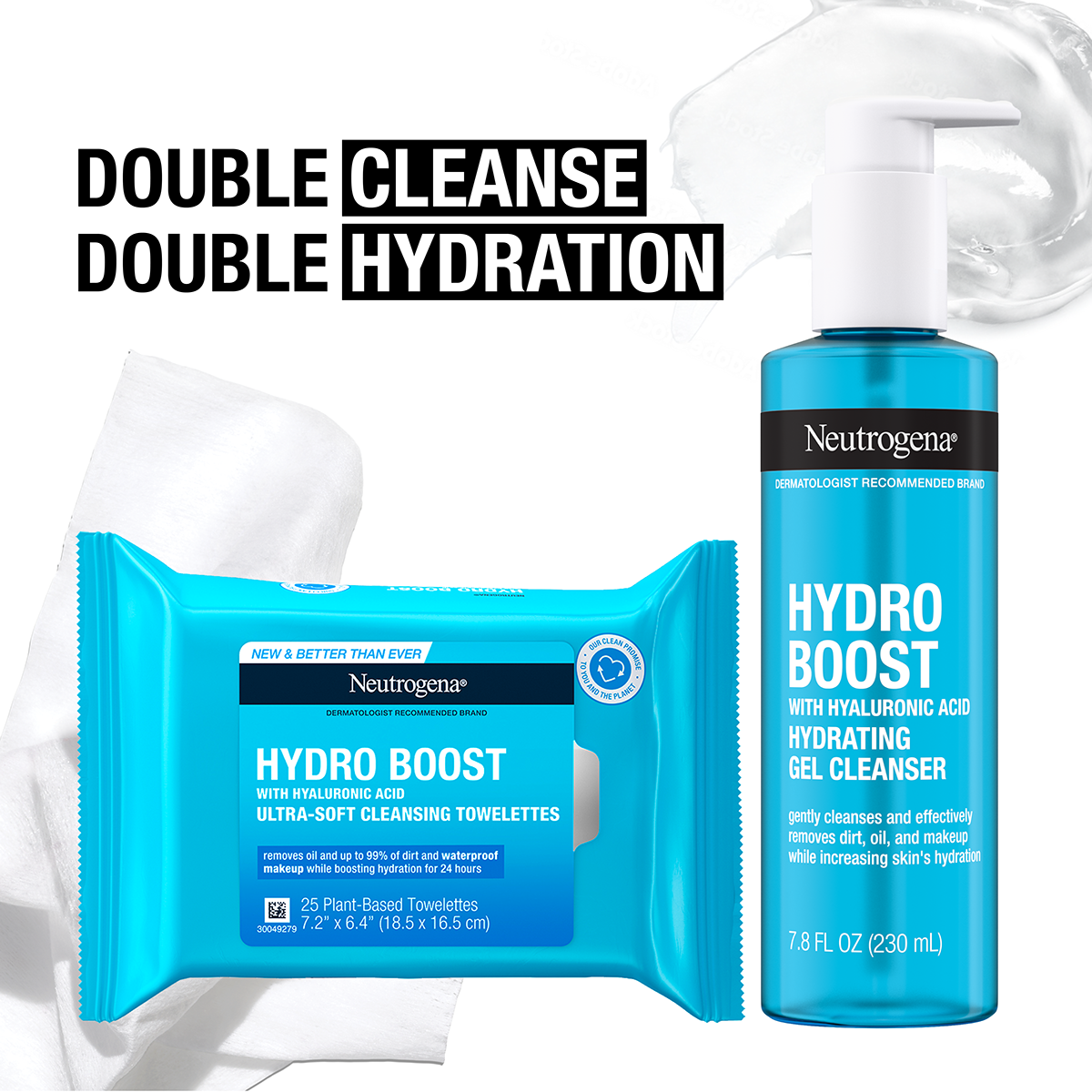 Neutrogena Hydro Boost skincare set including a bottle of gel cleanser and a pack of cleansing towelettes, along with a white tissue. The text highlights double cleanse and double hydration benefits.