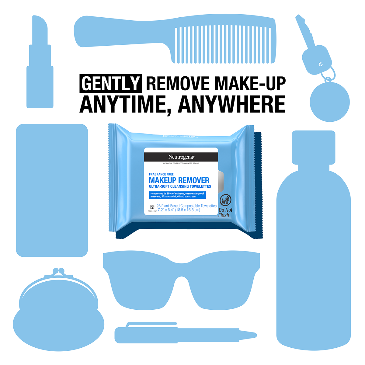 Packaging of Neutrogena makeup remover wipes with the tagline "Gently remove make-up anytime, anywhere" surrounded by illustrations of various makeup and skincare items in blue silhouette, including a lipstick, comb, coin purse, sunglasses, spray bottle, pen, and a keychain.