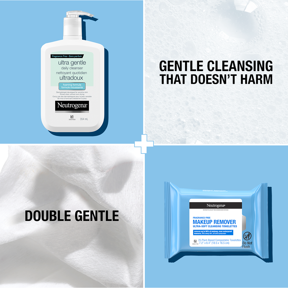 A collage of skincare and makeup removers with the text 'Gentle cleansing that doesn't harm', including a bottle of Neutrogena ultra gentle daily cleanser, a soft white fabric, and a pack of Neutrogena makeup remover cleansing towelettes.