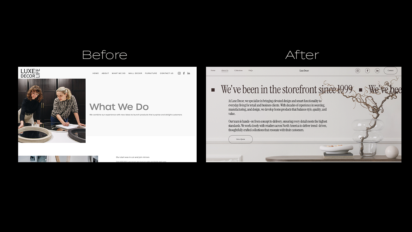 Comparison of a website before and after redesign, showing changes in layout, font style, and imagery for Luxe Decor.