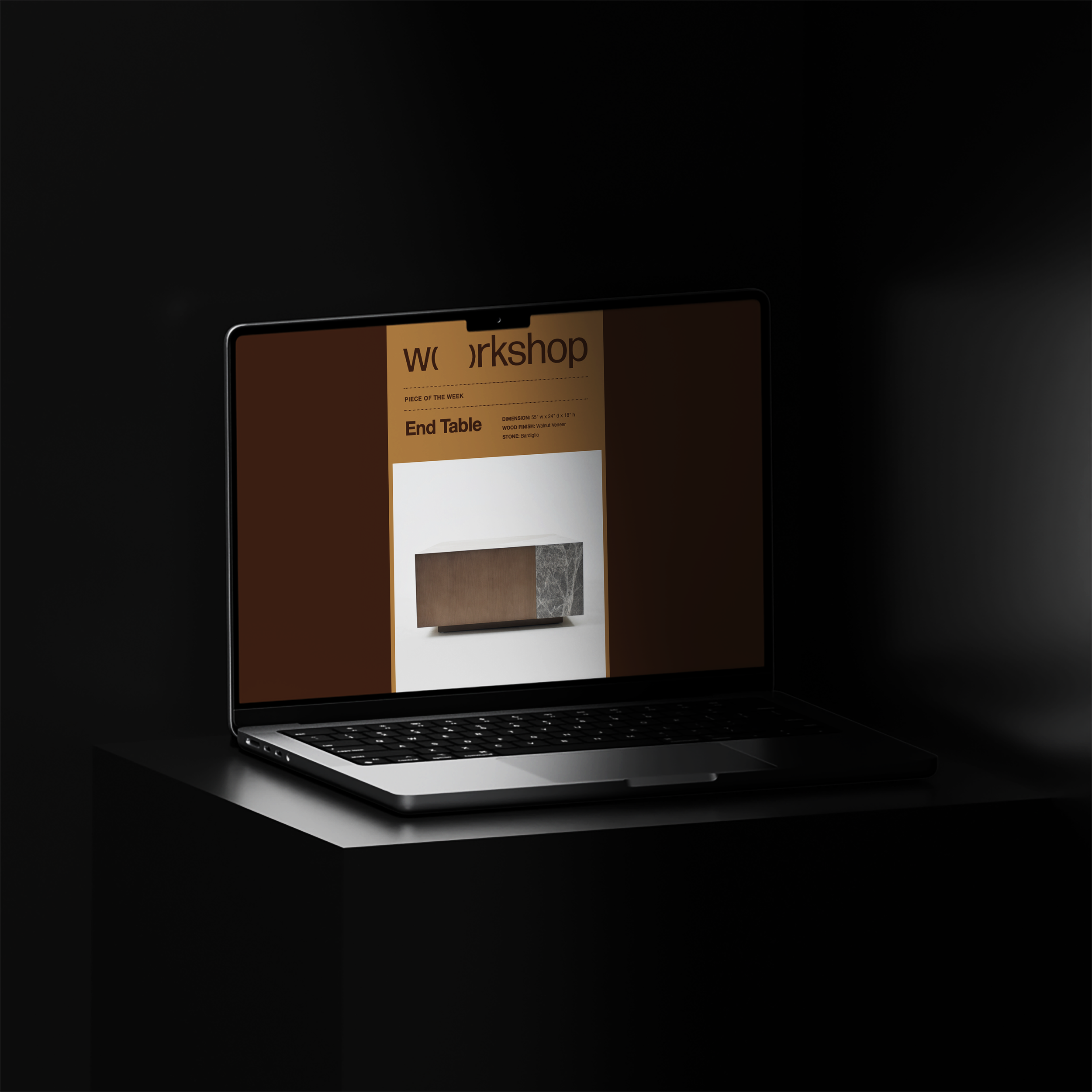 Open laptop showing a webpage with a piece of furniture called an End Table on a dark background.