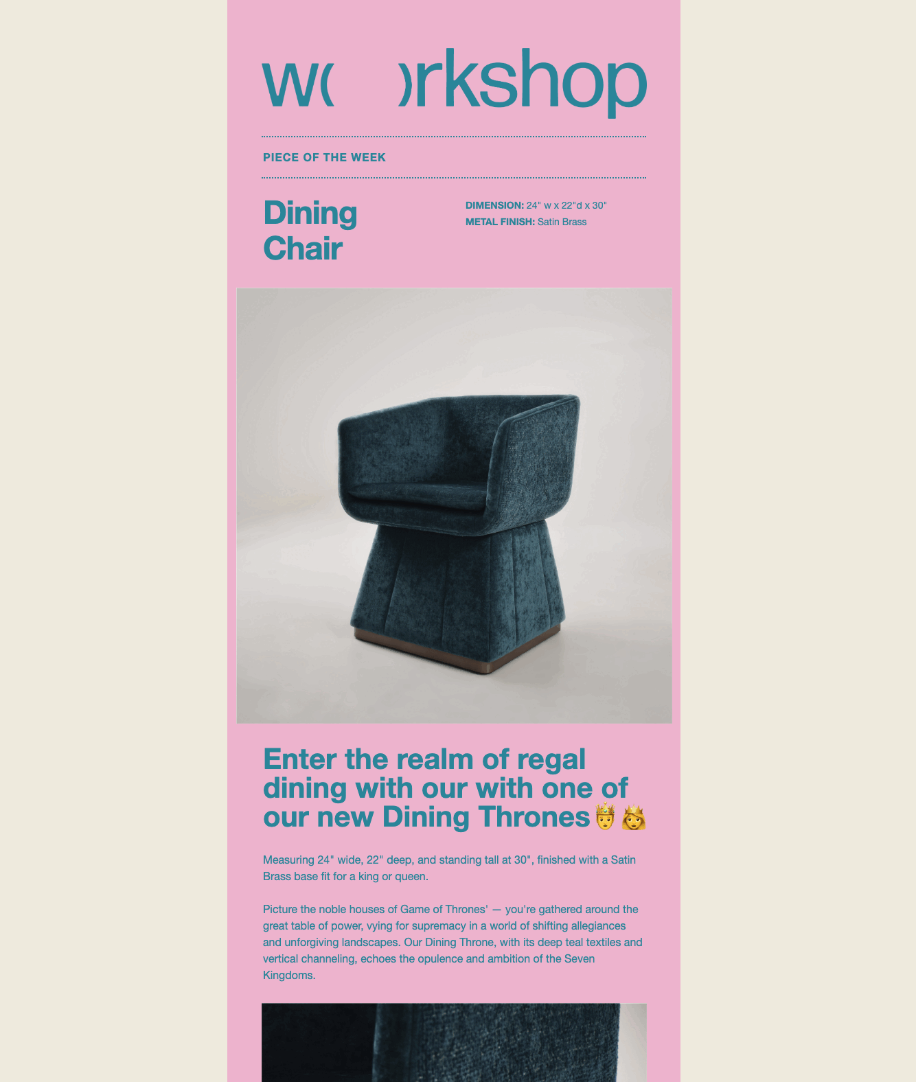 Advertisement for a blue velvet dining chair with a high back and unique base, set against a light background, styled as a throne.