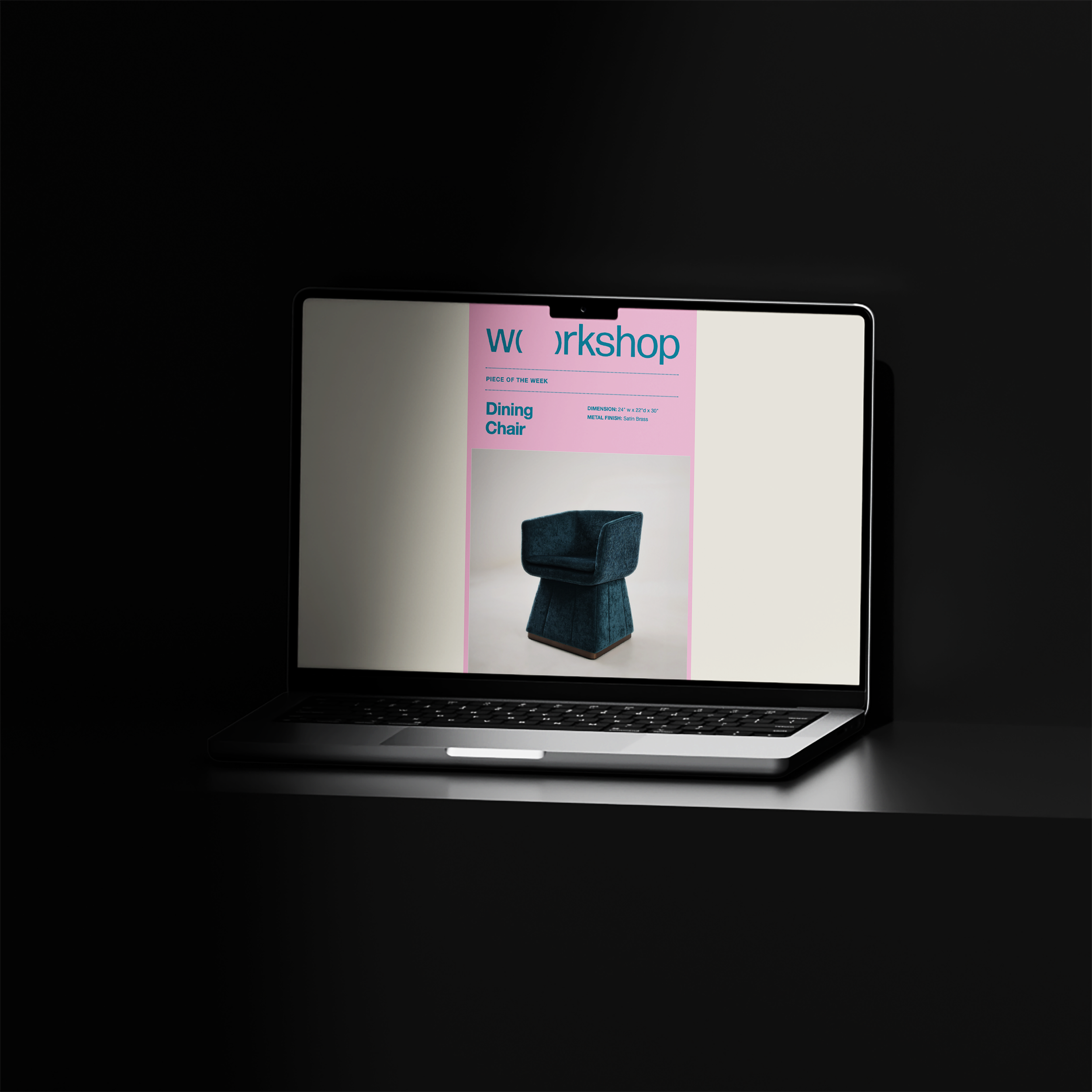 A laptop displaying a digital magazine or catalog page for a furniture store, featuring a dark blue dining chair with a wooden base.