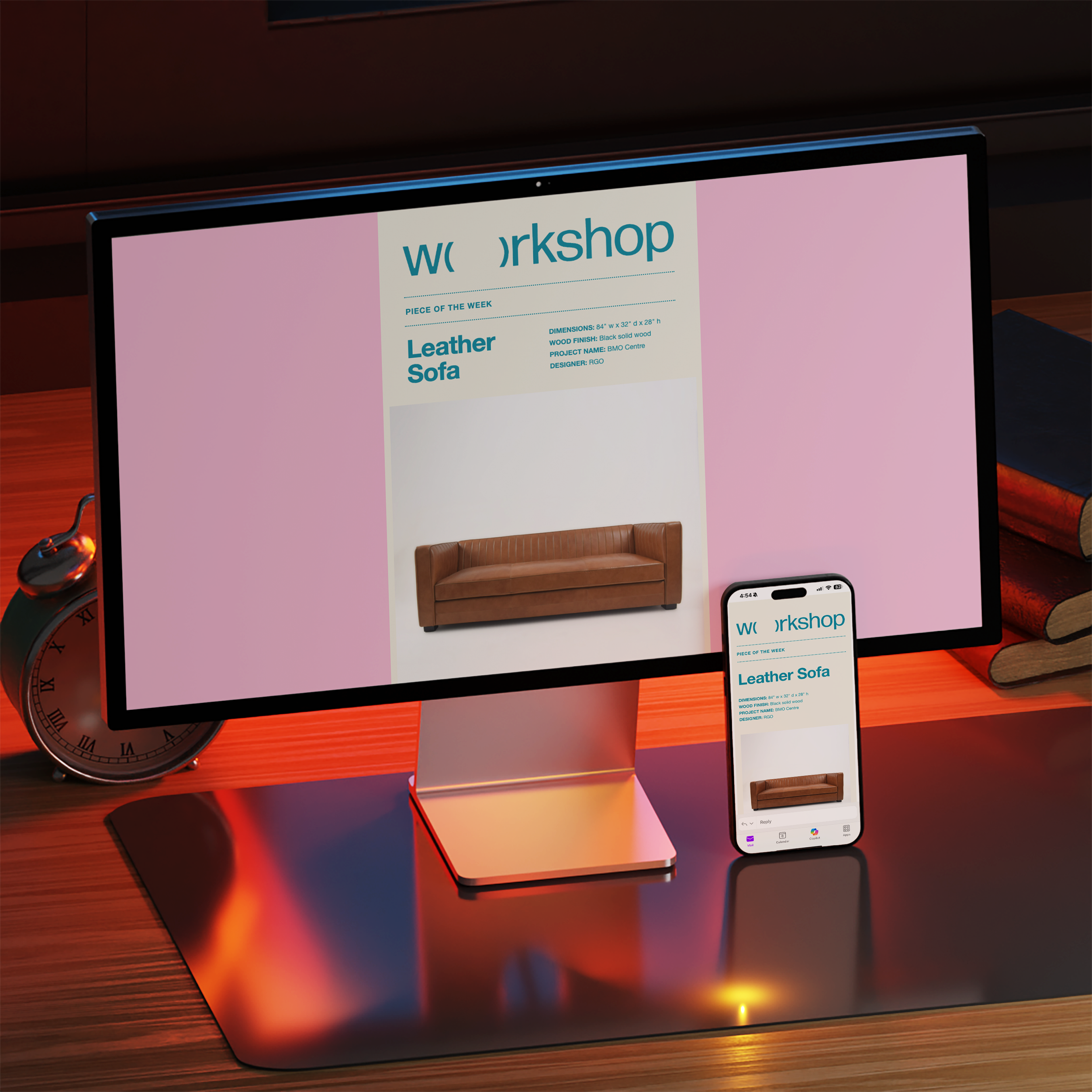 Computer monitor and smartphone on wooden desk displaying a digital magazine or app page with a leather sofa, titled 'Workshop' with the subtitle 'Piece of the Week'. The monitor shows the same page in larger view, with a pink background.