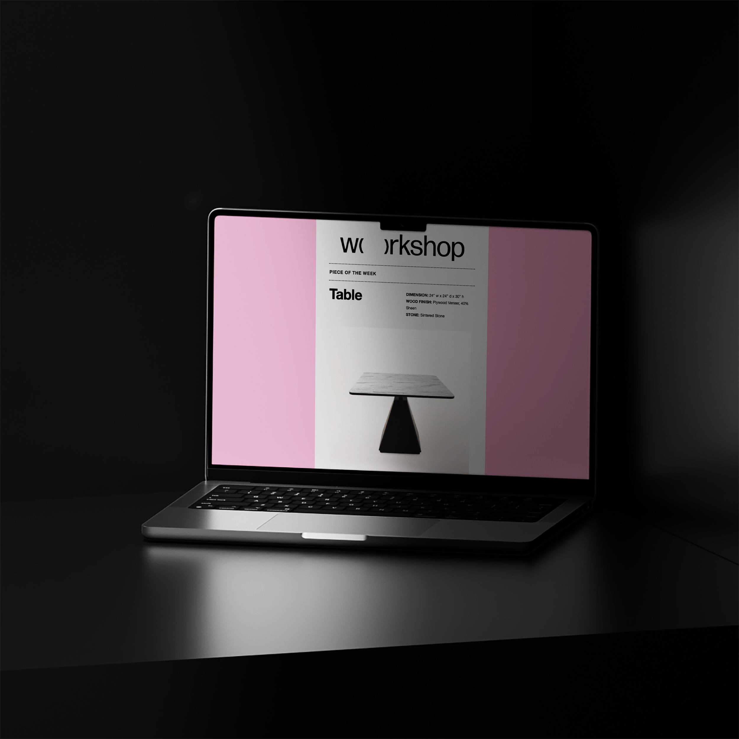 Laptop displaying a workshop flyer for a table with a pink and white background and a black and white image of the table.