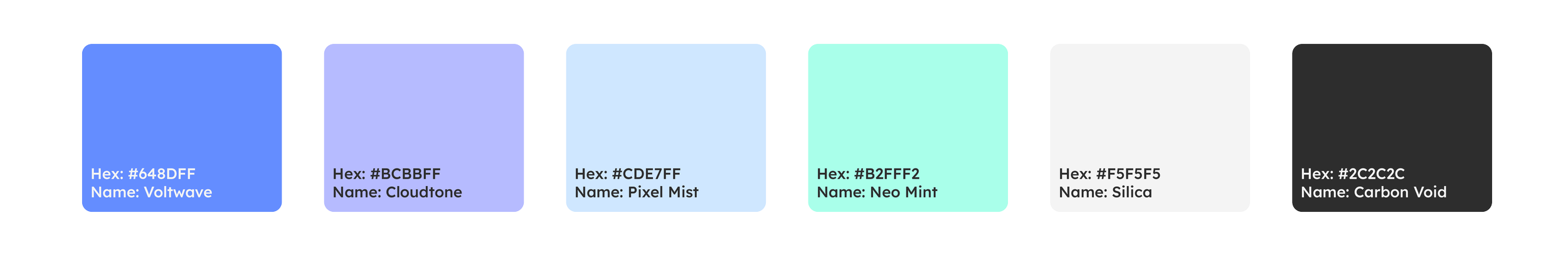 Color palette with seven colors labeled: Voltwave, Cloudtone, Pixel Mist, Neo Mint, Silica, Carbon Void.
